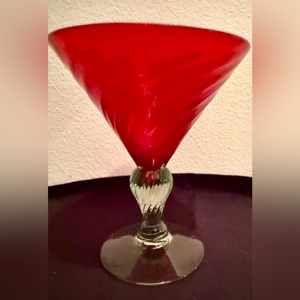 Margarita/Martini glass. Handblown, ruby red swirl pattern. 16oz